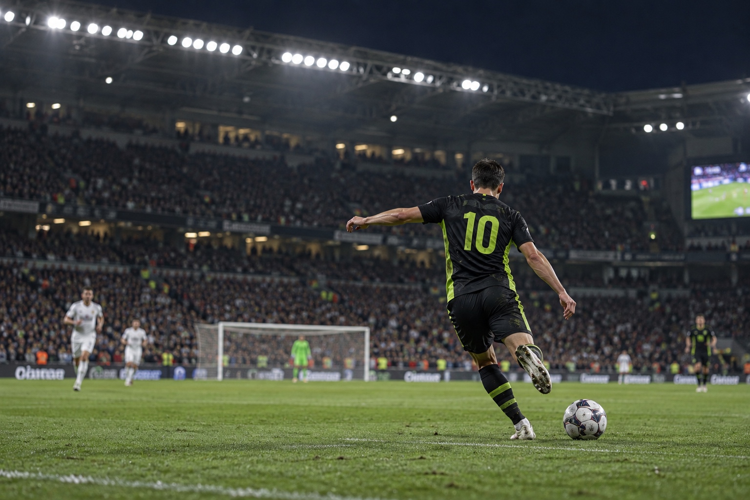Um jogador chuta a bola em um campo iluminado pelo sol